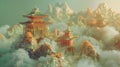 Fantasy landscape with mountains and ancinent architecture Royalty Free Stock Photo