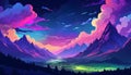 Fantasy landscape with mountains, lake, clouds and stars. Vector illustration. Generative AI Royalty Free Stock Photo