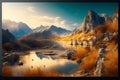 Fantasy landscape with mountains and lake. 3d render illustration