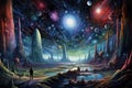 Fantasy landscape with mountains, lake and planet. 3d illustration, Stellar Odyssey, a psychedelic voyage through space, AI