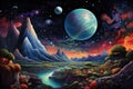 Fantasy landscape with mountains, lake and planet. 3d illustration, Stellar Odyssey, a psychedelic voyage through space, AI