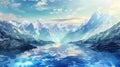 Fantasy landscape with mountains, lake and sky, Generative AI illustrations Royalty Free Stock Photo