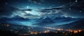 Fantasy landscape with mountains, moon and stars. Mountain panorama at night with lights and stars in the sky Royalty Free Stock Photo