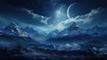 Fantasy landscape with mountains, moon and stars. Mountain panorama at night with lights and stars in the sky Royalty Free Stock Photo