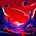 Fantasy landscape with mountains, river, moon and stars. Vector illustration Generative AI