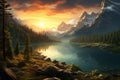 Fantasy landscape with mountains, river and sunset. Digital painting, Beautiful lake landscape with green trees, mountains, and a