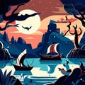 Fantasy landscape with mountains, sea and boats. Vector illustration in flat style Generative AI