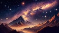 Fantasy landscape with mountains, stars and nebula. Vector illustration