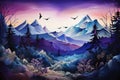 Fantasy landscape with mountains, trees and birds. Digital painting, A whimsical mountain landscape featuring purple mountains,