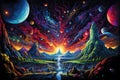 Fantasy landscape with mountains, trees, river and planets in space, Stellar Odyssey, a psychedelic voyage through space, AI