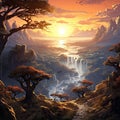 Fantasy landscape with mountains waterfall trees