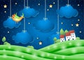 Fantasy landscape by night with bird and village. Paper art Royalty Free Stock Photo