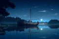 Fantasy landscape with old ship on the lake at night. Generative AI Royalty Free Stock Photo