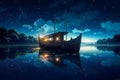 Fantasy landscape with old ship on the lake at night. Generative AI Royalty Free Stock Photo