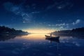 Fantasy landscape with old ship on the lake at night. Generative AI Royalty Free Stock Photo