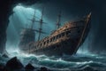 Fantasy landscape with old ship in the sea Royalty Free Stock Photo