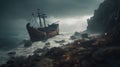 Fantasy landscape with old shipwreck on the sea. 3d illustration