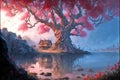 Fantasy landscape with old wooden house and red tree. Digital painting Royalty Free Stock Photo