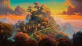 Fantasy landscape painting castle and village, hand drawn & artistic