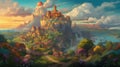 Fantasy landscape painting castle and village, hand drawn & artistic