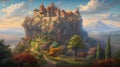 Fantasy landscape painting castle and village, hand drawn & artistic