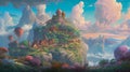 Fantasy landscape painting castle and village, hand drawn & artistic