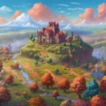 Fantasy landscape painting castle and village, nature, landscapes