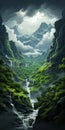 Fantasy Landscape Painting: Majestic Waterfall In Enchanting Mountainous Vistas Royalty Free Stock Photo