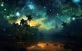 Fantasy landscape with palm trees and Milky Way. Digital painting Royalty Free Stock Photo