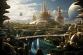 Fantasy Landscape. Panorama of the city and river, Utopian civilisation, utopic city, future of humanity, architecture of tommorow Royalty Free Stock Photo