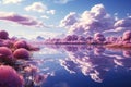 Fantasy landscape with pink flowers and mountains reflected in the lake