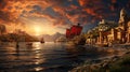 Fantasy landscape pirate ship with red sails in port of ancient city