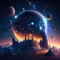 Fantasy landscape with planet, moon and alien city. Vector illustration Generative AI Royalty Free Stock Photo