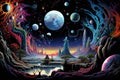 Fantasy landscape with planet, tree, moon and other elements, Stellar Odyssey, a psychedelic voyage through space, AI Generated