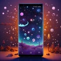 Fantasy landscape with planets, stars and snowflakes in the smartphone screen Royalty Free Stock Photo