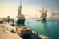 Fantasy landscape of the port of Dubai, United Arab Emirates.