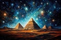 Fantasy landscape with pyramids and stars in the night sky, Pyramids in the desert at night time. Starry sky, milky way. Abstract Royalty Free Stock Photo