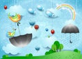 Fantasy landscape with rain, flying umbrella and fishes