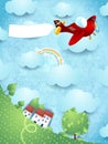 Fantasy landscape with red airplane and blank banner