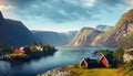 Fantasy landscape with red wooden church in Norway, Scandinavia