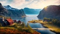 Fantasy landscape with red wooden church in Norway, Scandinavia Royalty Free Stock Photo