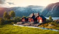 Fantasy landscape with red wooden church in Norway, Scandinavia