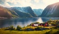 Fantasy landscape with red wooden church in Norway, Scandinavia Royalty Free Stock Photo