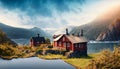 Fantasy landscape with red wooden church in Norway, Scandinavia