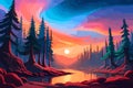 Fantasy landscape with river and forest at sunset. Vector illustration, beautiful pine tree forest, generative ai Royalty Free Stock Photo