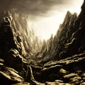 Fantasy landscape with rocks and stormy sky. 3d illustration Royalty Free Stock Photo