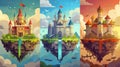 Fantasy landscape with royal palace, waterfall, grass flying in sky at dawn, night, sunset, noon, and sunset, modern Royalty Free Stock Photo