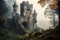 Fantasy landscape with ruins of ancient castle in foggy valley, AI Generated
