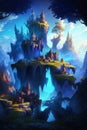 Fantasy landscape and scenery idea. Whimsical mountain castle. Concept art. Artwork and design. Matte painting. Background drawing