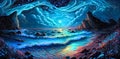 Fantasy landscape with sea, mountains and moon. Night panorama, digital horizontal painting